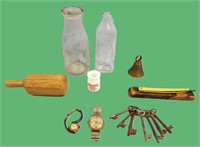 9PC MISC VINTAGE ITEMS *MILK BOTTLES*WATCHES &MORE