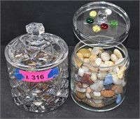 Crystal Biscuit Jar Filled w/Polished Rocks, Agate