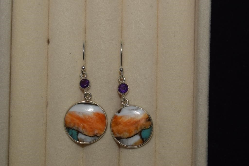 Sterling Spiny Oyster Turquoise& Amethyst Earring