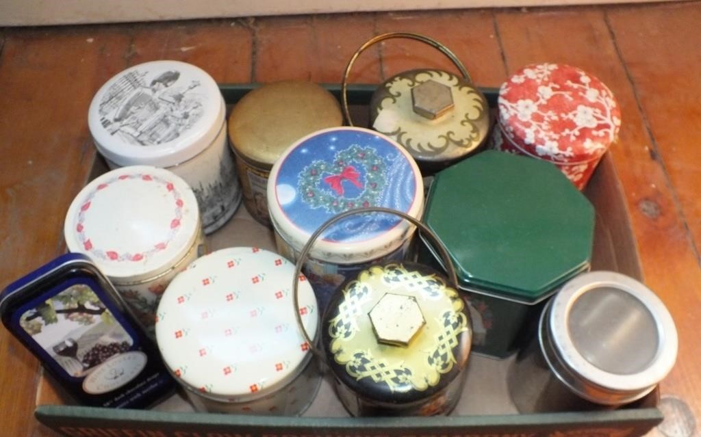VINTAGE HANDLED TINS, COOKIE AND MORE