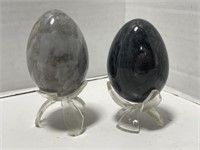 2 Polished Stone Eggs with Stands