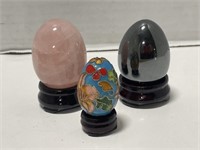 2 Polished Stone Eggs on Stands and Cloisonne Egg