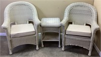3 PIECE WICKER SET, PAIR OF CHAIRS & END TABLE