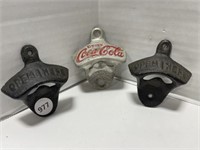 3 Metal Wall Mount Bottle Openers - 1 Coca-Cola