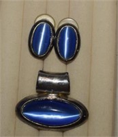 Blue Cat's Eye Cabochon Earrings & Slide Pendant