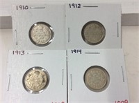 1910,12,13,14 Canadian Silver 10 cent