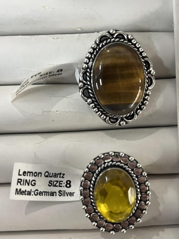 Size 8 - Lemon Quartz & Tiger Eye Rings, Metal