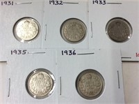 1931,32,33,35,36 Canadian Silver 10 cent