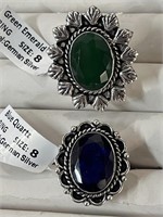 Size 8~ Blue Quartz & Green Emerald Rings, Metal