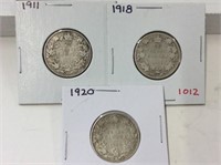 1911,18,20 Canadian Silver 25 cent