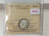 1950 (iccs ms64) Canadian Silver 10 cent