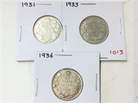 1931,33,36 Canadian Silver 25 cent