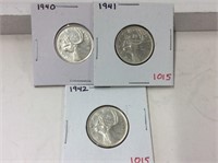 1940,41,42 Canadian Silver 25 cent
