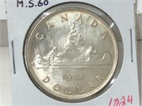 1938 (ms60) Canadian Silver dollar