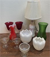 Hazel Atlas milk glass lamp, flown glass, vases,