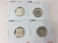 1940,41,42,47 Newfoundland silver 5 cent
