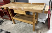 Wood Work Bench with 2 Vices, Back Tray for Parts