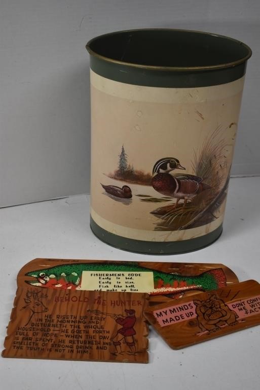 Vtg Duck Theme Waste Can, Fish, Hunting Wood Signs