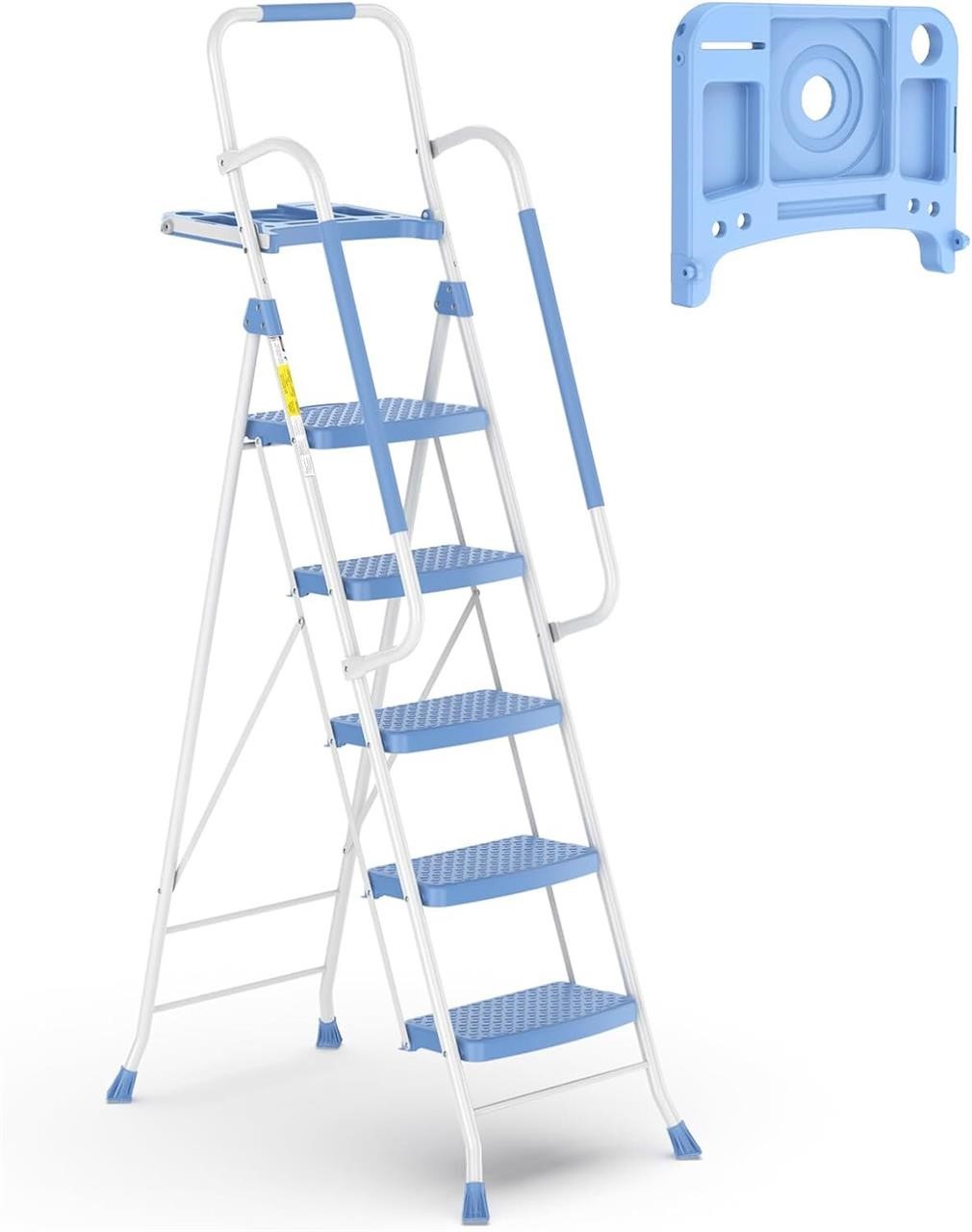 HBTower 5 Step Ladder  Folding Stool  Steel  Blue