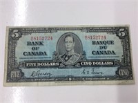 1937 Canadian 5 dollar bill gordon/towers