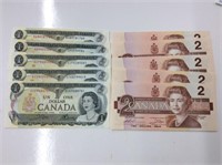 Canada 5-$1, 1973, 5-$2 1986  Crisp