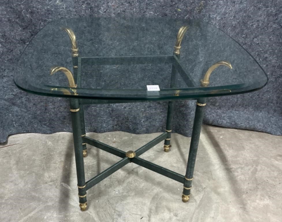 Glass Top Side Table , Green / Brass Style Base