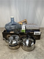 Faberware tea kettle, ice packs, hamburger press