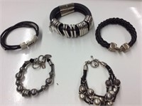 5 Leather/faux Bracelets With Silvertone Accents