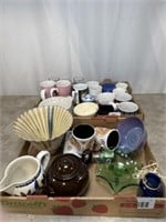 Large lot of coffee mugs, footed green dish,