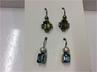 Sterling Earrings 2 Pairs Green/blue Stones