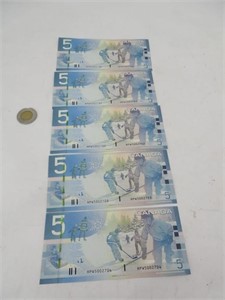Série de 5 billets 5$ Canada avec numéro de série