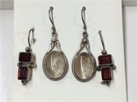 Sterling Earrings 2 Pairs Quartz/ Red Stones