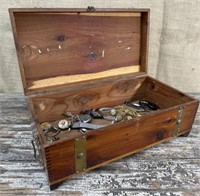 Dovetailed wooden box w/ watches & parts