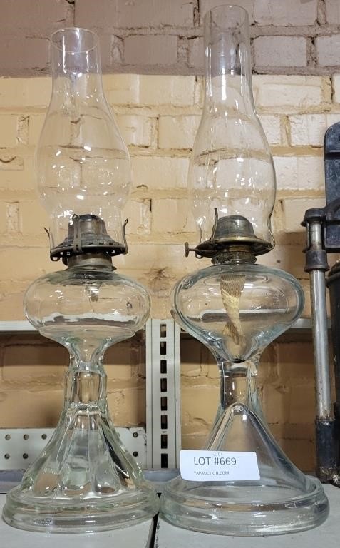 2 VTG CLEAR GLASS OIL LAMPS
