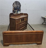 Walnut bed, 3 drawer dresser with mirror