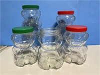 5 Peanut Butter Jars - Bears - 1 missing lid