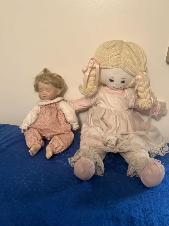 Antique Ashton Drake poreclain doll, & rag doll