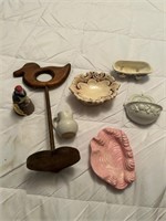 Vtg soap dishes, small pitcher, bird bell & duck