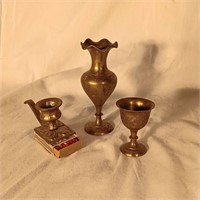 Nice Brass Vase, Chalice, & Candlestick Holder