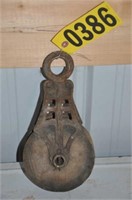 Primitive wood & iron single block pulley