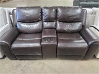 Brown Leather Dual Power Reclining Loveseat