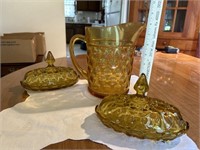 Amber butter dishes & pitcher