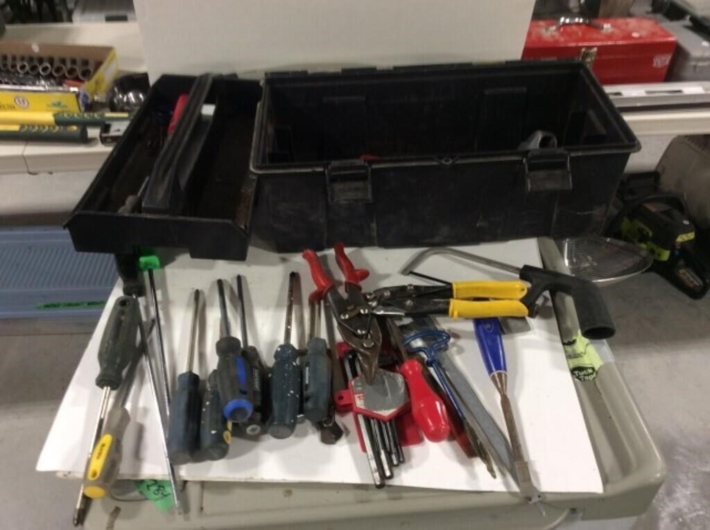 19 in. plastic tool box and contents