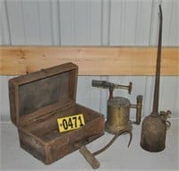 Wooden box, oiler, brass blow torch, hay hook