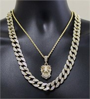 Mens 3pc Set Lion Head Cuban Link 14k Gold Plated