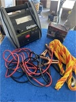 Die Hard jump box, jumper cables, tow strap, air