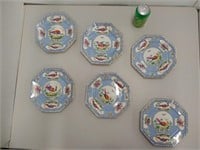 6 antique hand painted exotic bird octagon plates