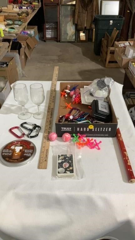 Glass cups, bouncy balls, jacks, playing cards.