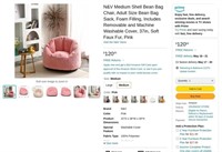 FM4253  N&V Shell Bean Bag Chair, 37in, Pink Faux