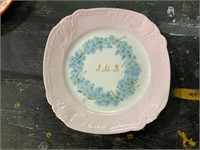 Vintage pink and blue plate with initials